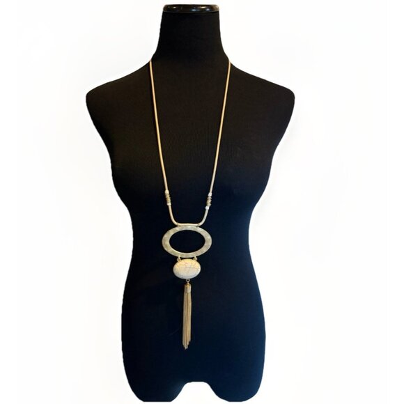 Extra Long Large Statement Necklace Oval Pendant Gold Tone Tassel - Picture 1 of 4